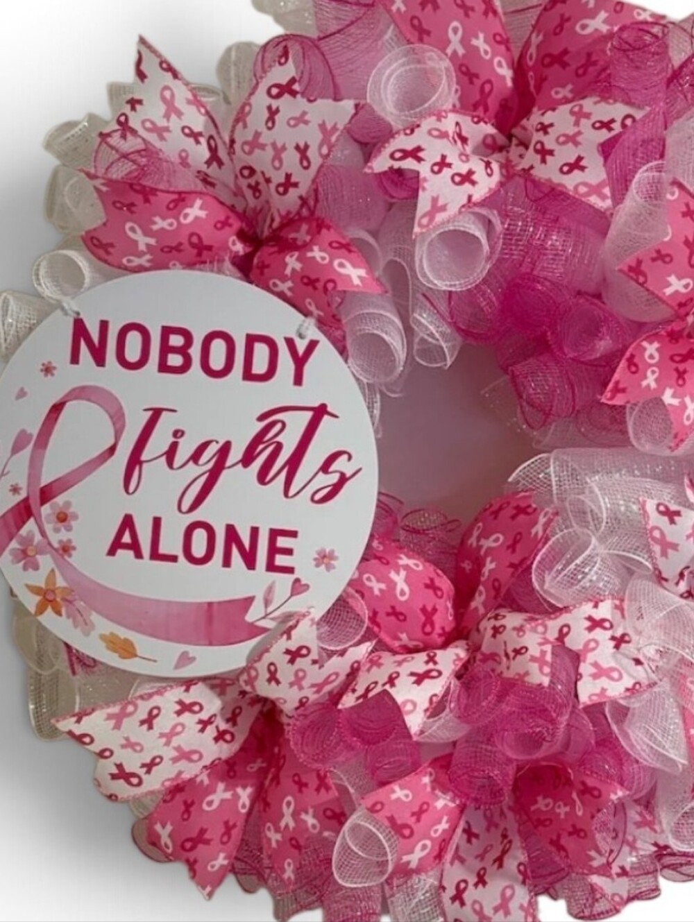 Nobody Fights Alone Pink Breast Cancer Awareness Wreath - Picture 2 of 4